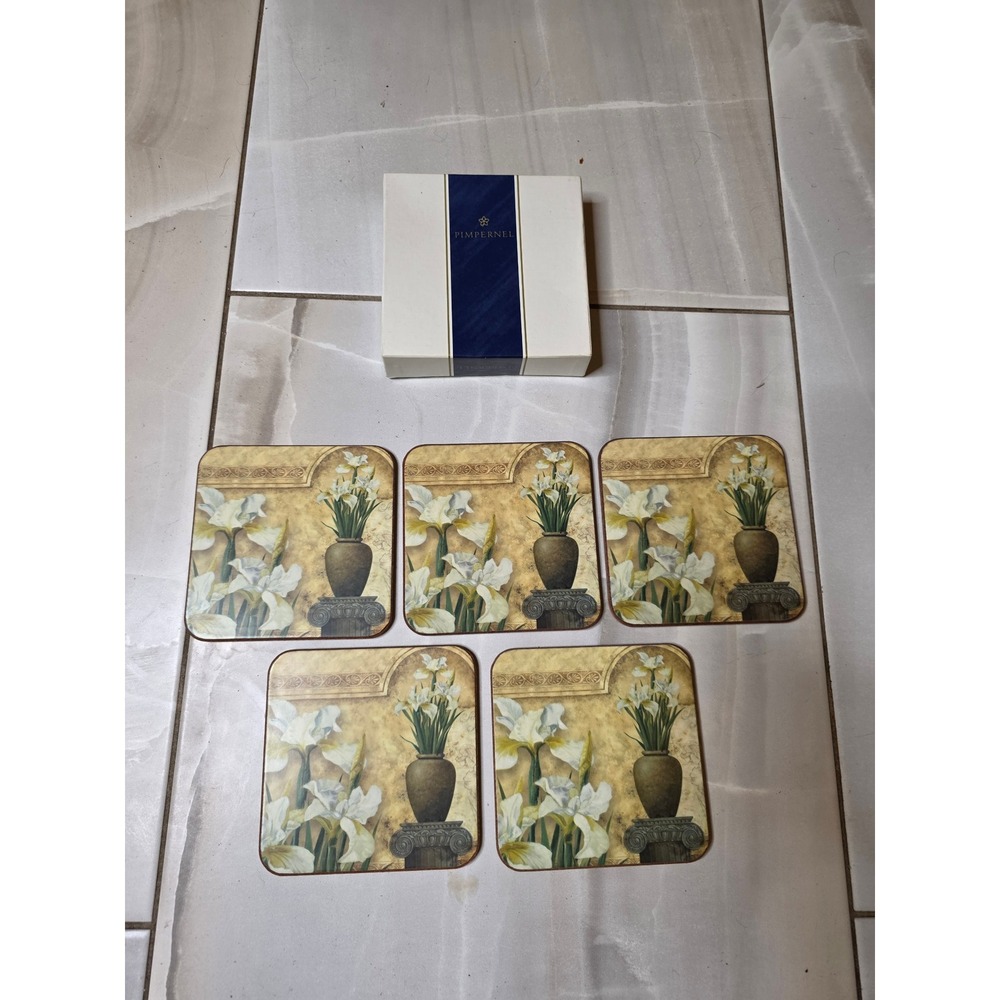 Pimpernel Coasters Set of 5 White Iris Floral Cork Back Made‎ in England E2